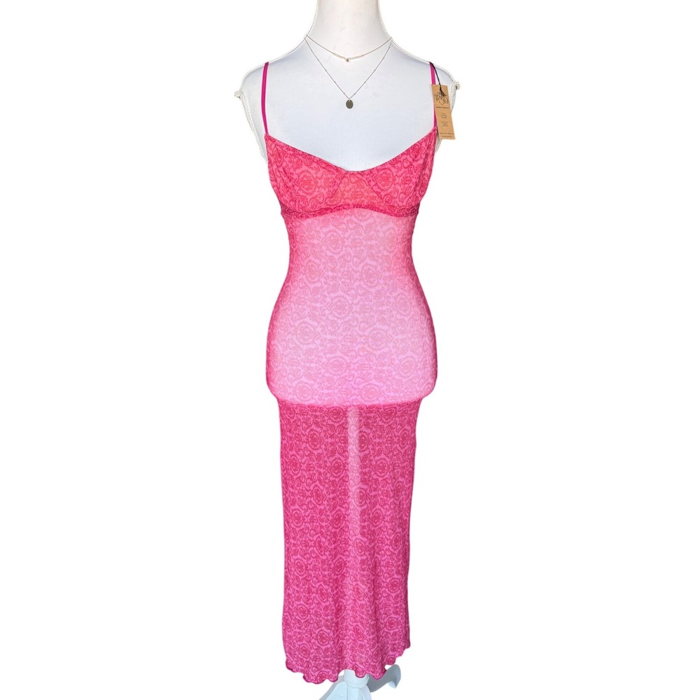Y2K Only Hearts Rita Underwire Slip Dress Sheer Pink Rose Mesh Revolve XS NWT